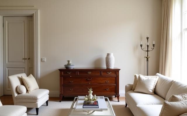 Salon moderne minimaliste mettant en valeur une commode Louis XV restaurée