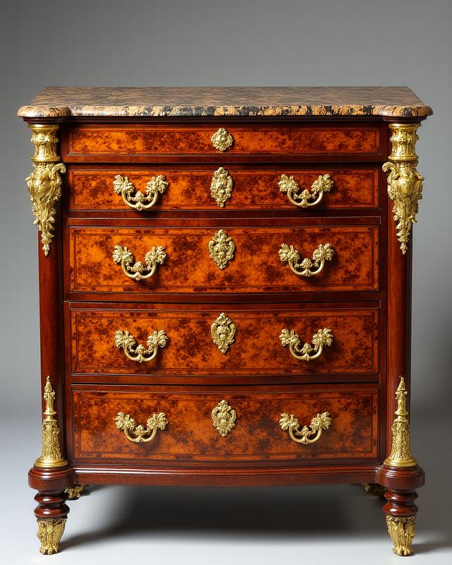 Commode en marqueterie de bois précieux avec poignées en bronze doré