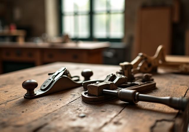 Vue de l'atelier Herb et Hearth avec des outils traditionnels et du bois noble