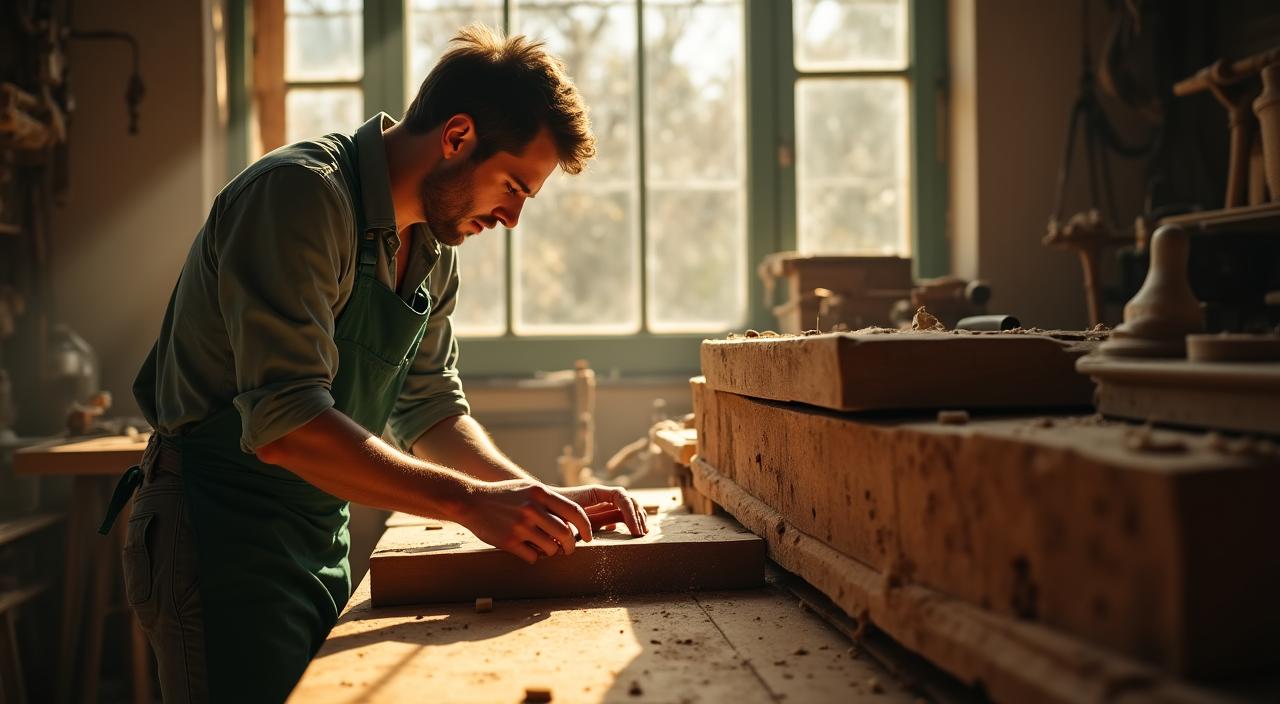 Artisan travaillant sur un meuble Louis XV dans un atelier parisien